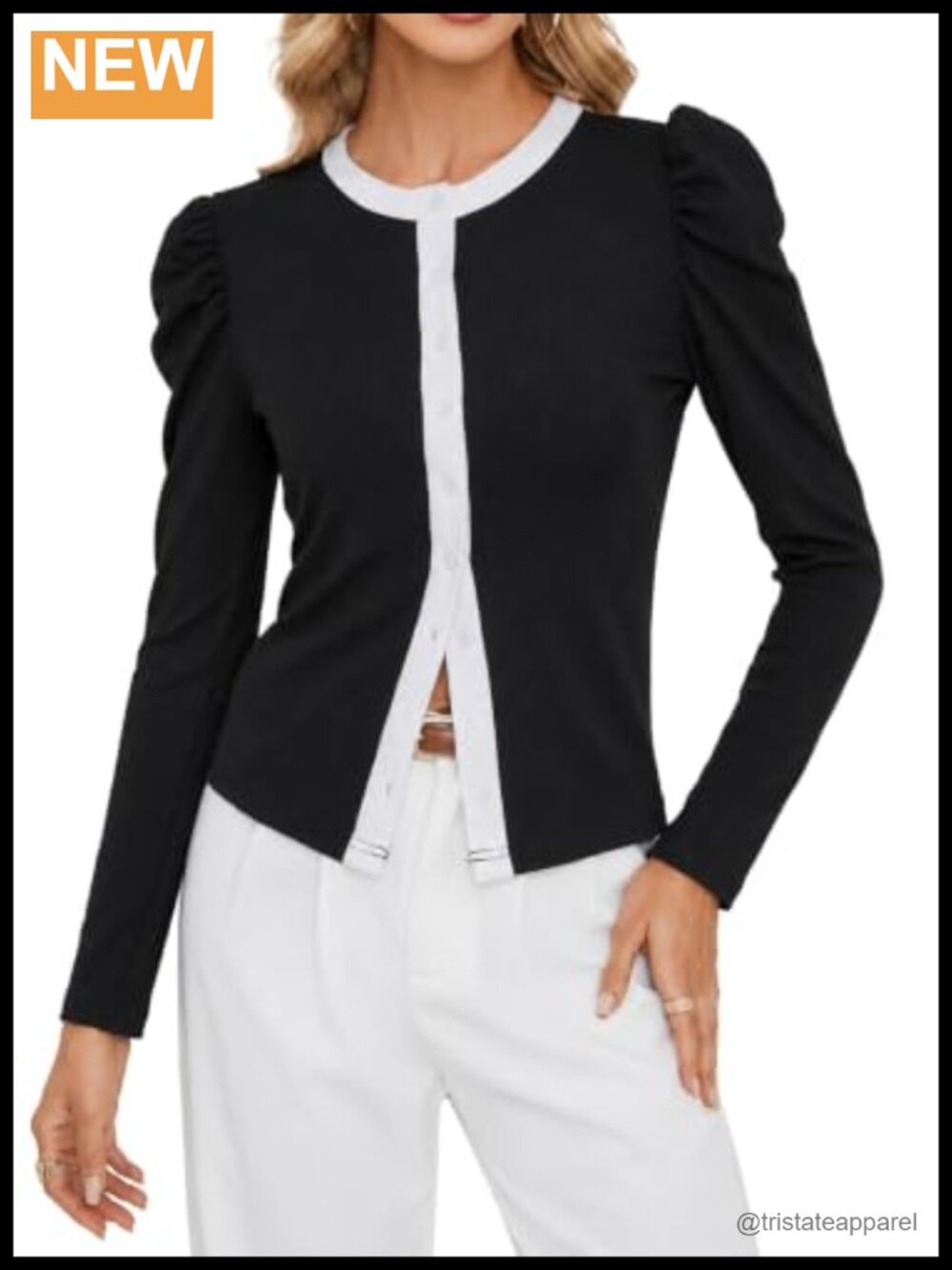 Puff Long Sleeve Ribbed Button Down Blouse